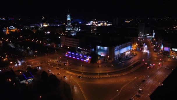 Jalan Lintas Pusat Kota Malam Pemandangan Udara Pavlivska Square Katedral — Stok Video
