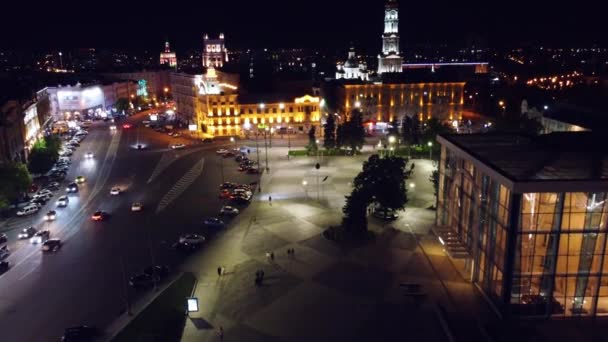 Noční Světla Osvětlovala Vzdušný Výhled Město Centrum Města Náměstí Maidan — Stock video