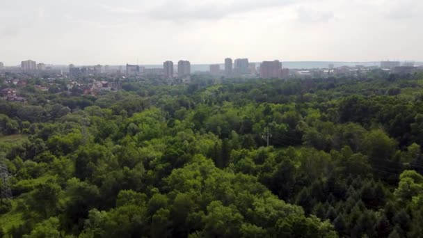 夏季绿色哈尔科夫市中心受欢迎的游乐园撒尔兹欣雅尔的空中飞行前景 上午的植物园 居住区绿树成荫 — 图库视频影像