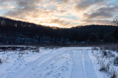 Kırsal bölgede lastik izleri olan karlı, beyaz kırsal bir yol. Akşam kış manzarası günbatımı güneşi destansı bulutlu gökyüzü ve karanlık ağaçlar ormanında.