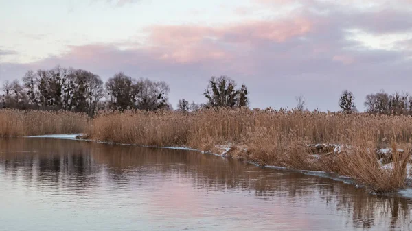 Winter Uitzicht Rivier Met Bewolkte Lucht Met Reflectie Water Droog — Stockfoto