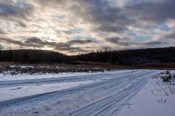 Kırsal bölgedeki karlı, beyaz kırsal yol. Akşam kış manzarası. Güneş, ağır bulutlar gökyüzü, sazlıklar ve karanlık ağaçlar orman tepesi.