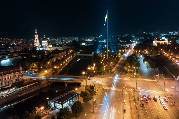 Illuminated Flag Ukraine Holy Annunciation Cathedral River Lopan Night Kharkiv — стокове фото