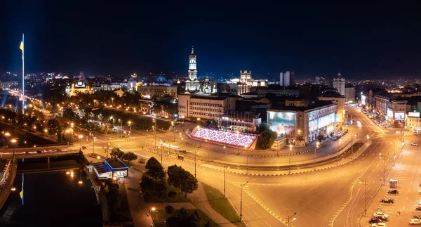 Illuminated River Embankment Flag Ukraine Water Reflection Night City Aerial — стокове фото