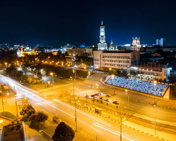 Night City Center Streets Cars Driving Long Exposure Aerial View — стокове фото