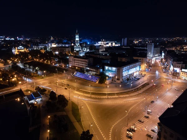 Night City Center Driveway Crossroad Long Exposure Aerial View Pavlivska — Stock Photo, Image