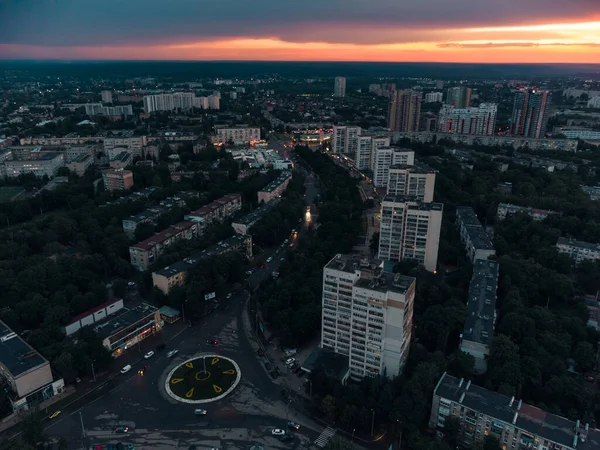 Vivid Sunset City Residential District Aerial View Circle Crossroad Pavlovo — Foto de Stock