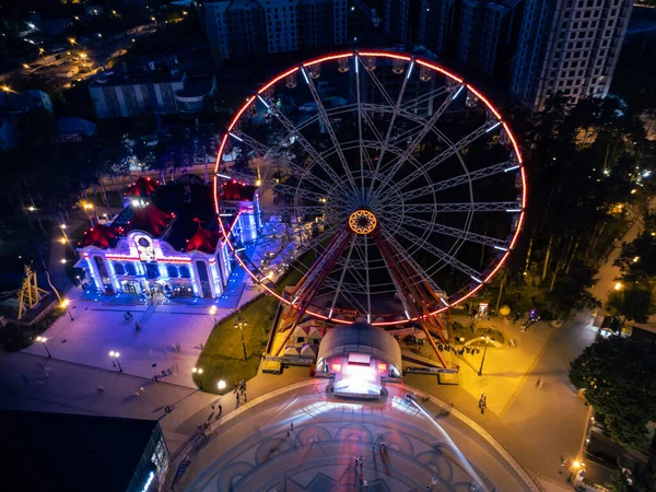 Aerial Illuminated Ferris Wheel Kharkiv City Center Recreation Area Evening — Stock Photo, Image