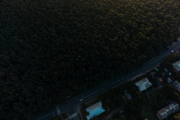 Aerial scenic road in morning green forest. Fly above cars driving streets crossroad in city in sunrise light. Treetop view on Kharkiv, Ukraine