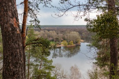 Spring view through pine trees on river with recreation area. Cossack mountain, Korobovy Hutora (Koropove village) on Siverskyi Donets River in Ukraine