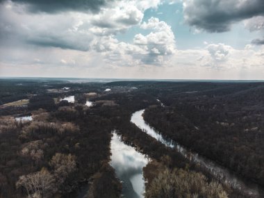 Aerial view on river delta in bare trees forest with epic cloudy sky. Nature landscape from drone. Color graded