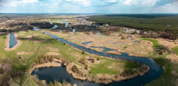 Spring Aerial Panorama View Green River Delta Valley Drone Zmiyevsky — Zdjęcie stockowe