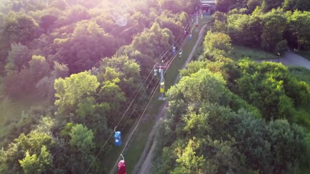 Cable Car Attraction Station Aerial Flying Forward View Green Summer — Video