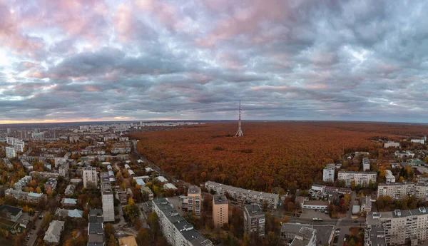 Aerial Panorama View Autumn City Telecommunication Tower Colorful Forest Residential — Stock Photo, Image