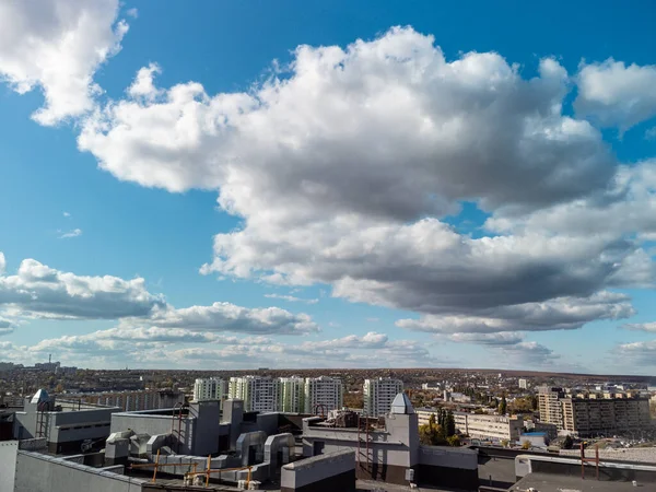 City roof aerial view, residential building rooftop in autumn with scenic sky, sunny downtown in Kharkiv city, Ukraine