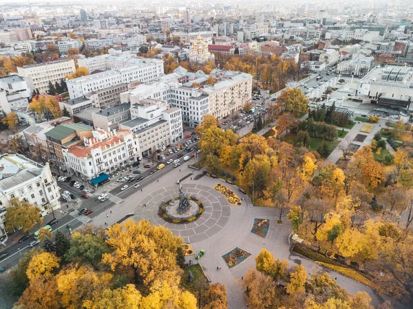 Aerial View Taras Shevchenko Monument Autumnal Colorful Kharkiv City Center — Stock Photo, Image