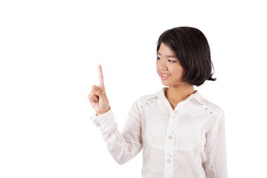 Genç Asyalı işkadını noktaları işaret parmağı ile