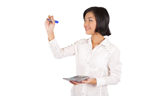 Young Asian businesswoman holding a calculator and a marker — Stock Photo, Image