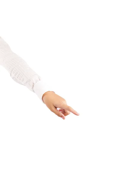 Woman shows thumb toward the bottom corner — Stock Photo, Image