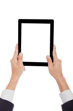 Elinde tablet olan bir iş adamı..