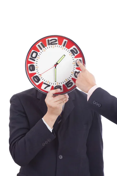 Businessman holding a big red clock — Stock Photo, Image