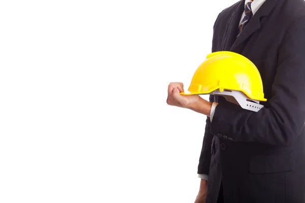 Construction engineer holding yellow hard hat — Stock Photo, Image