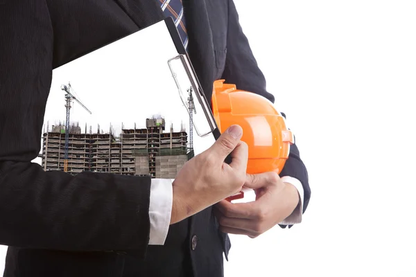Construction engineer with a red helmet and documents in hand — Stock Photo, Image