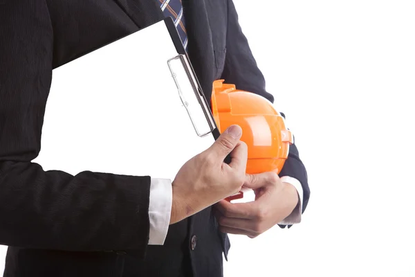 Construction engineer with a red helmet and documents in hand — Stock Photo, Image