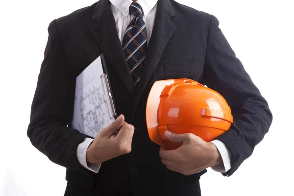 Ingeniero de construcción con casco rojo y documentos en mano — Foto de Stock