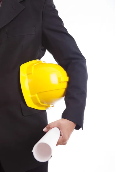 Bauingenieur mit gelbem Helm und Unterlagen in der Hand — Stockfoto