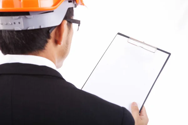 Construction engineer with a red helmet and documents — Stock Photo, Image