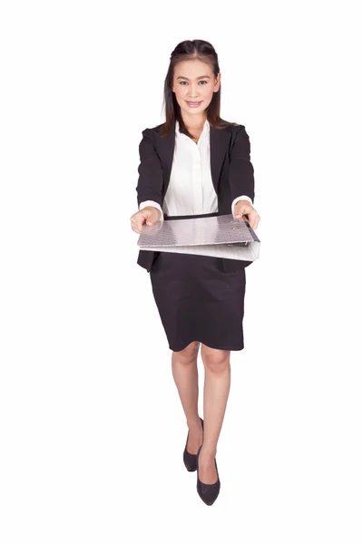 Asian businesswoman in a black suit sends a folder with documents — Stock Photo, Image