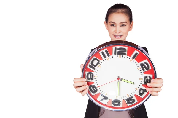 Mujer de negocios asiática sosteniendo un gran reloj rojo —  Fotos de Stock