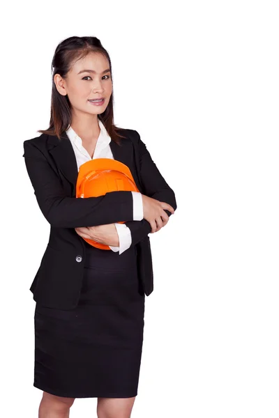 Engineer woman holding an orange helmet in hands — Stock Photo, Image