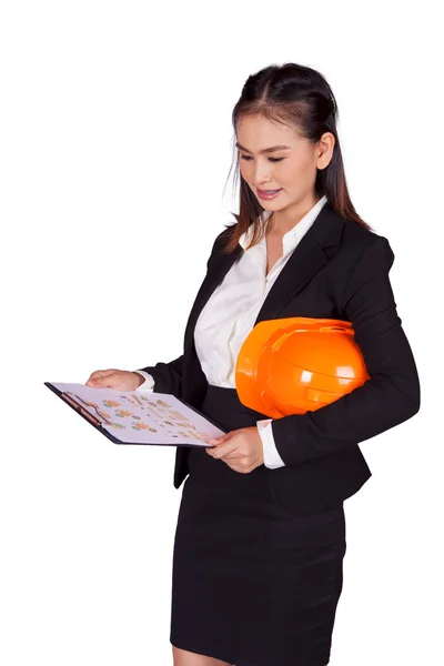 Female engineer holding an orange hard hat and a folder with documents — Stock Photo, Image