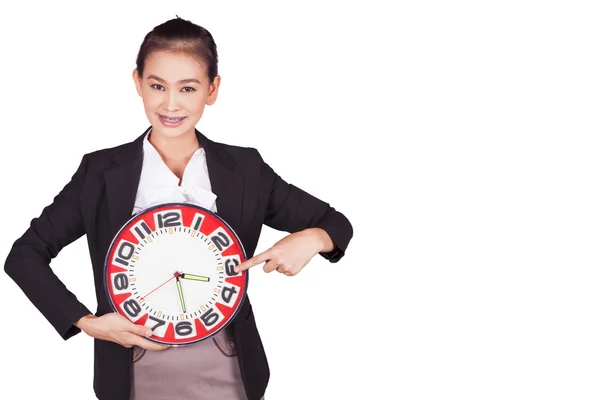 Holding a large red clock — Stock Photo, Image