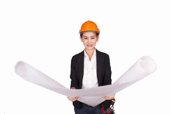 Female engineer with an orange helmet on her head holding a project plan — Stock Photo, Image