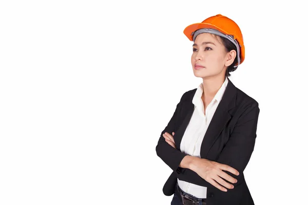 La ingeniera con herramientas cruza sus brazos sobre su pecho —  Fotos de Stock