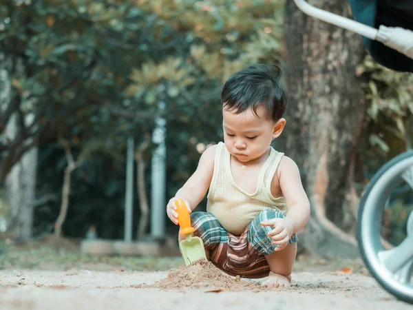 Close Shot Cute Asian Baby Playing Actions Outdoorsand Playground Health — Stock Photo, Image