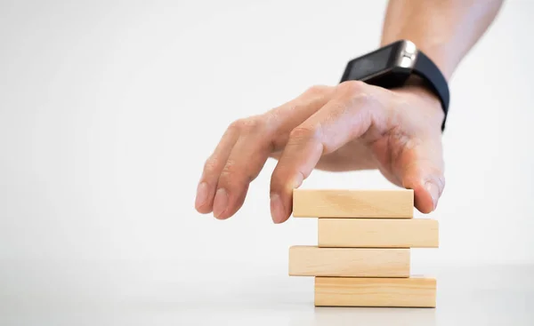 Conceptual Businessman Fingers Arranging Wooden Blocks Position Competition Indicating His — Stock Photo, Image