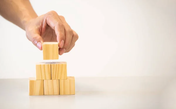 Conceptual Businessman Fingers Arranging Wooden Blocks Position Competition Indicating His — Stock Photo, Image