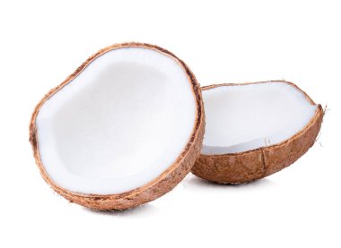 Hindistan cevizi kabuğu beyaz arkaplan üzerinde yarı izole bölünmüş, istifleme odağı eklendi, çok ayrıntılı