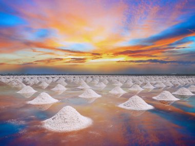 salt field in evaporation process, in the afternoon with colorful sky background. clipart