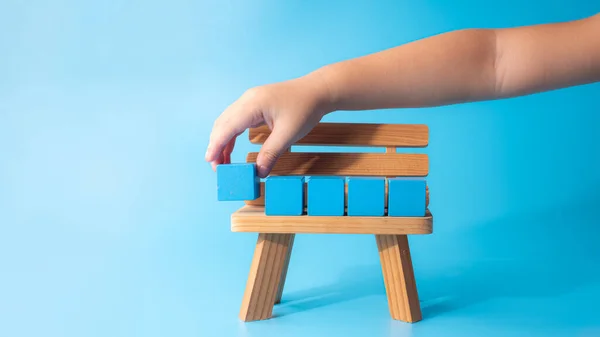 Concept Design Wooden Blocks Cyan Background Easy Insert Text Simbols — Stock Photo, Image