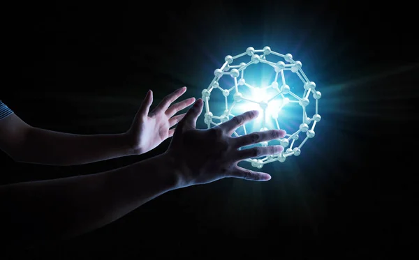 Human Hands Handle Energy Ball Orbis Cage Retain Light Burst — Stock Photo, Image