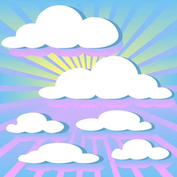 Kleurrijke afbeelding achtergrond van wolken en stralen van de zon — Stockvector