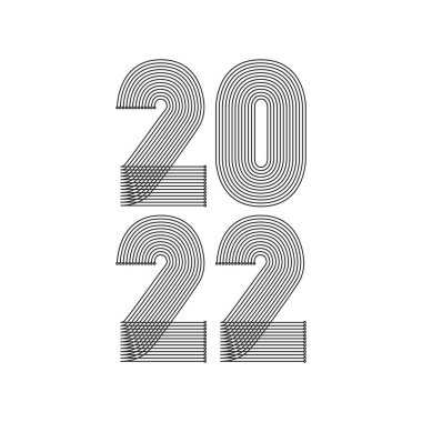 2022 mutlu yıllar. Soyut geometrik kapak tasarımı arka planı. İnce çizgili çizgili stil illüstrasyonunda 2022 sayı. Yıllık rapor, afiş, broşür, etiket, el ilanı, poster. Siyah beyaz renkler