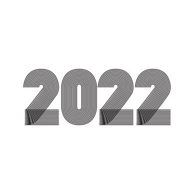 2022 mutlu yıllar. Soyut geometrik kapak tasarımı arka planı. İnce çizgili çizgili stil illüstrasyonunda 2022 sayı. Yıllık rapor, afiş, broşür, etiket, el ilanı, poster. Siyah beyaz renkler