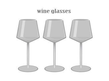 Çizgi film mutfak gözlüğü koleksiyonu. Şarap bardakları, flüt bardakları, kokteyl bardakları. İçme aletleri cam simgeler nesneler beyaz arkaplanda izole elementler, düz vektör illüstrasyon