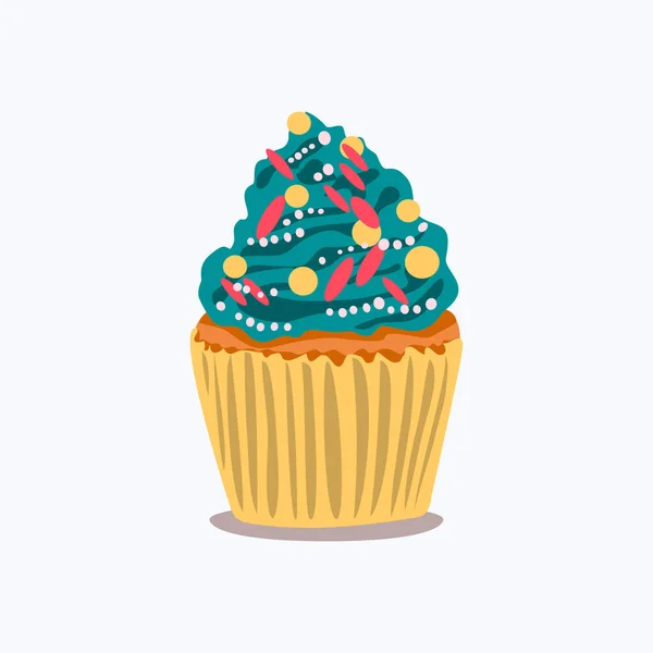 Cartoon Cupcake Colorful Shavings Blue Cream Decoration Muffin Isolated White — Vetor de Stock